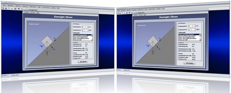 PhysProf - Schiefe Ebene - Reibung - Hangabtriebskraft - Reibungskräfte - Reibungsarten - Haftreibungskraft - Haftreibungskoeffizient - Haftreibungskoeffizienten - Gleitreibungskoeffizient - Gleitreibungskoeffizienten - Gleitreibungszahlen - Reibkraft - Reibzahl - Berechnen - Vektoren - Versuch - Winkel - Rechner