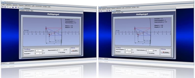 PhysProf - Hohlspiegel - Konkavspiegel - Spiegel - Spiegelbild - Beispiel - Bildentstehung - Konvexe - Linsen - Gegenstandsweite - Gegenstandsgröße - Brennpunktstrahl - Parallelstrahl - Lichtbrechung - Reflexion - Bildweite - Bildgröße - Brennweite - Brennpunkt - Berechnen - Formeln - Simulation - Strahlengang - Abbildung - Aufbau - Position - Berechnung - Darstellen