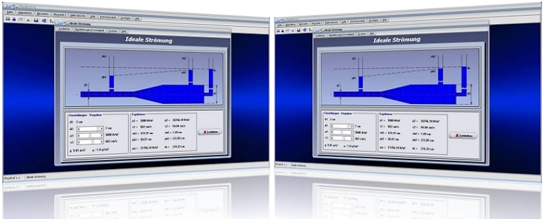 PhysProf - Strömung - Volumenstrom - Fließgeschwindigkeit - Wasser - Flüssigkeit - Rohr - Gleichung - Bild - Berechnung - Querschnitt - Volumen - Druck - Statischer Druck - Dynamischer Druck - Bernoulli-Gleichung - Formel - Kontinuitätsgleichung - Druckverlust - Absoluter Druck