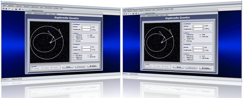 PhysProf - Keplersche Gesetze - 1. Keplersches Gesetz - 2. Keplersches Gesetz - 3. Keplersches Gesetz - Gesetz -  Bahn - Bahnen - Planetenbahn - Kraft - Gravitation - Anziehung - Kräfte - Grafik - Simulation - Berechnung - Darstellen - Rechner - Johannes Kepler