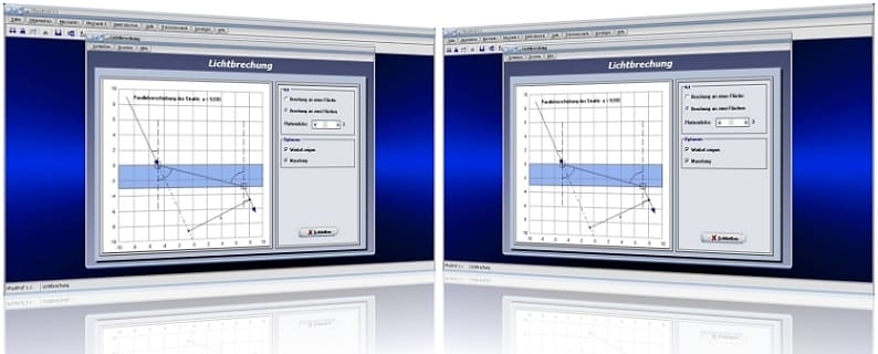 PhysProf - Lichtbrechung - Snelliussches Brechungsgesetz - Ausfallswinkel - Ausbreitungsgeschwindigkeit - Optisch - Lichtquellen - Planparallel - Planparallele Platte - Platte - Parallelverschiebung - Brechwinkel - Brechzahlen - Licht - Brechung - Brechwert - Brechzahl - Brechungswinkel - Beispiel - Formel