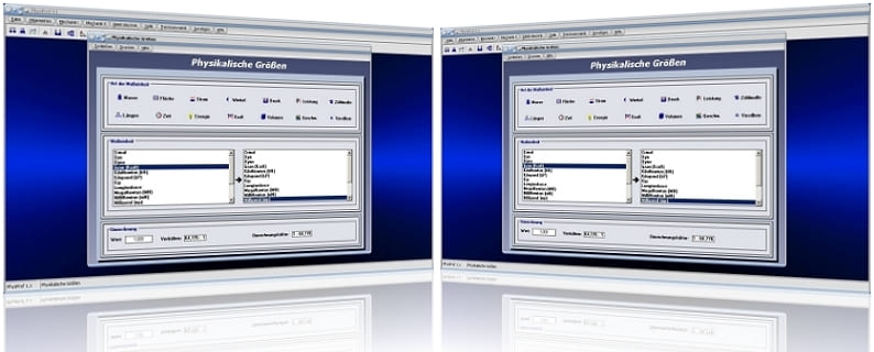PhysProf - Masse - Fläche - Stromstärke - Druck - Leistung - Länge - Zeit - Energie - Kraft - Volumen - Geschwindigkeit - Umrechnen - Umwandeln - Umwandlung