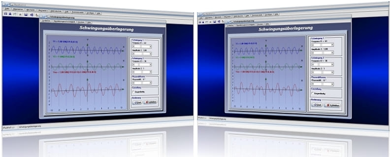 PhysProf - Schwingungen - Überlagerung - Schwingungsfrequenz - Schwingungsamplitude - Frequenz - Amplitude - Schwingung - Überlagerung - Superposition - Parameter - Periodendauer - Berechnen - Simulation - Diagramm - Rechner - Darstellen - Überlagerung von Schwingungen - Schwebung - Schwebungsfrequenz - Physik - Elektrotechnik - Definition