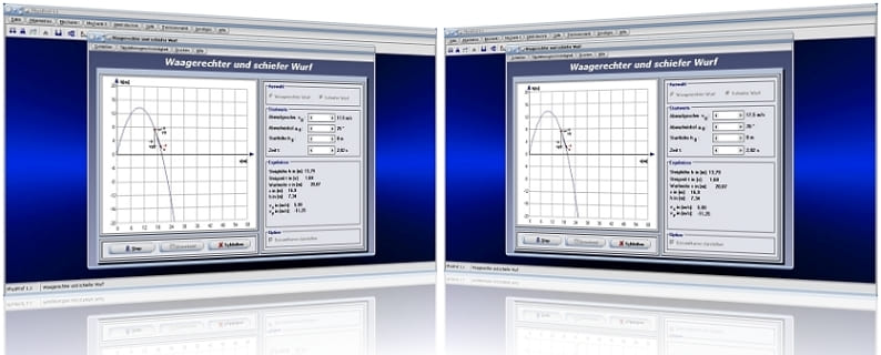 PhysProf -Schräger Wurf - Schiefer Wurf - Wurfparabel - Wurfbahn - Wurfweite - Wurfzeit - Wurfbewegungen - Geschwindigkeit - Bahnkurve - Flugbahn - Diagramm - Höhe - Wurfhöhe - Parabel - Simulation - Zeit - Animation - Dauer - Anfangshöhe - Rechner - Grafik - Grafisch - Formeln - Gleichung - Steighöhe - Steigzeit - Fallzeit
