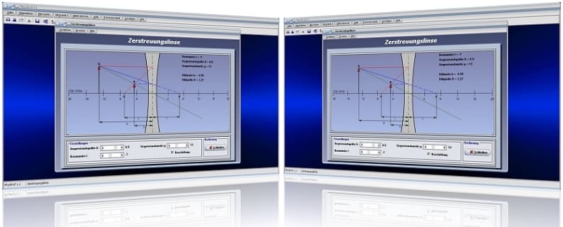 PhysProf - Zerstreuungslinsen - Streulinsen - Berechnen - Konkave Linse - Konkavlinse - Optische Achse - Abbildungsgesetz - Bildentstehung  - Grundlagen - Grundlegendes - Animation - Physik - Unterricht - Formelzeichen - Hauptebene - Hauptebenen - Bildhöhe - Rechner - Beispiele - Formel - Bild - Berechnung