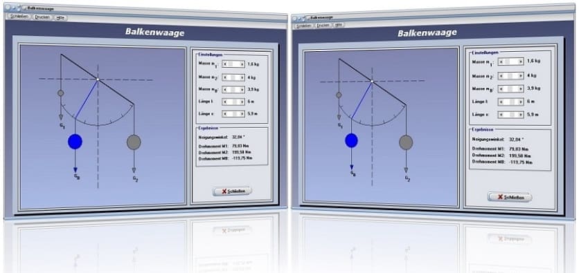 PhysProf - Balkenwaage - Physik - Berechnen - Masse - Länge - Drehmoment - Simulation - Drehwinkel - Lastarm - Neigungswinkel - Gleichgewicht - Momentengleichgewicht - Gleichungen - Experiment - Funktion - Waage - Kräfte - Hebelwaage - Aufbau - Winkel - Schwerpunkt - Drehpunkt - Rechner