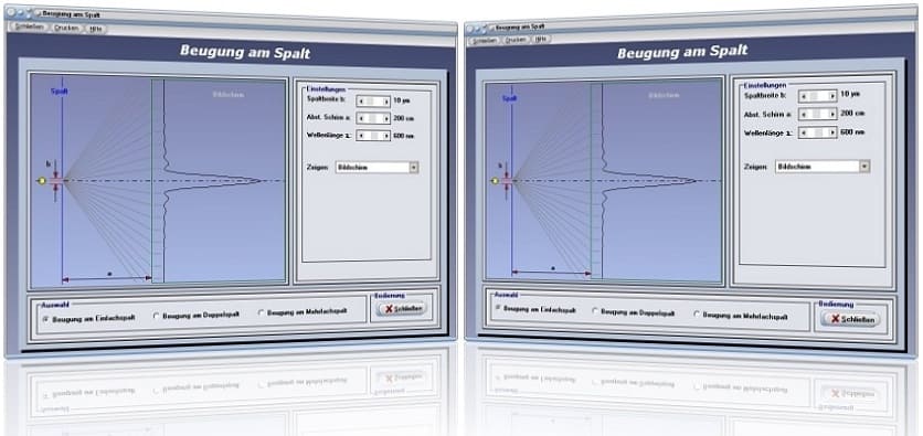  PhysProf - Beugung am Spalt - Doppelspaltversuch - Einfachspalt - Einzelspalt - Beugung am Gitter - Licht - Schattenraum - Spaltbreite - Beugungswinkel - Beugung - Spalt - Minima - Maxima - Optik - Physik - Rechner - Berechnen - Beugung am Doppelspalt - Doppelspalt - Gitterkonstante