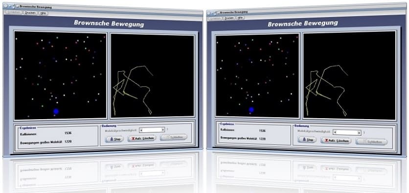 PhysProf - Brownsche Bewegung - Simulation - Animation - Beispiel - Experiment - Physik - Bewegung - Teilchenmodell - Brownsches Teilchenmodell  - Brownsche Molekularbewegung - Brownsche Teilchenbewegung - Geschwindigkeit