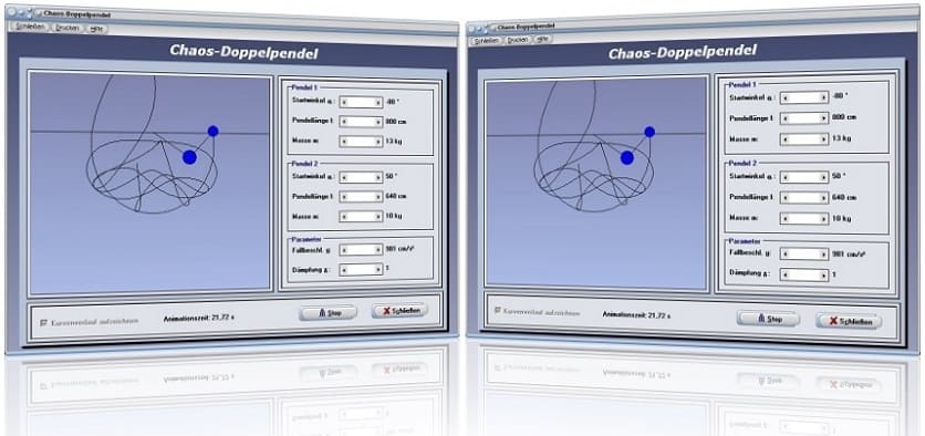 PhysProf - Chaos-Pendel - Chaotisches Pendel - Winkel - Masse - Pendellänge - Doppelpendel - Chaotisches Verhalten - Dämpfung - Berechnen - Masse - Pendellänge - Pendelstangen - Koppelung - Kopplung - Simulation - Bild - Darstellen - Gekoppeltes Pendel - Grafik - Animation - Graph - Rechner