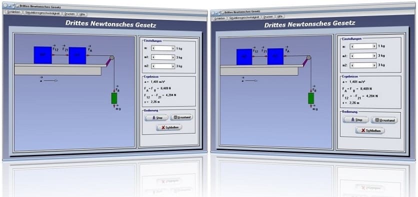 PhysProf - Axiome - Drittes Newtonsches Gesetz - Newtonsche Gesetze - Kraft - Masse - Weg - Bewegung - Physik- 3. Newtonsches Gesetz - Newtonsches Axiom - 3. Newtonsches Axiom - Wechselwirkungsgesetz - Trägheitsprinzip - Trägheitsgesetz - Rechner - Berechnen