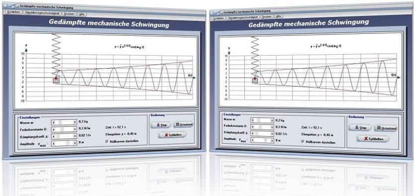 PhysProf - Gedämpfte Schwingung - Masse - Hüllkurve - Feder - Dämpfungskoeffizient - Federpendel - Einhüllende - Frequenz - Elongation - Diagramm - Dämpfung - Hüllkurve - Dämpfungskonstante - Dämpfungsfaktor - Exponentialfunktion - Abklingzeit - Beispiel - Reibungskoeffizient - Amplitude - Rechner - Berechnen