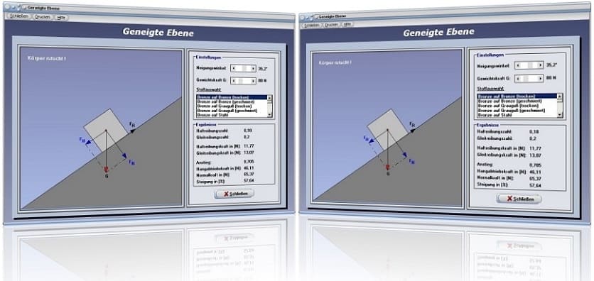 PhysProf - Geneigte Ebene - Kräfte - Normalkraft - Steigung - Reibung - Hangabtriebskraft - Normalkraft - Reibung - Gleitreibung - Haftreibung - Gleitreibungszahl - Haftreibungszahl - Formeln zur schiefen Ebene - Formel für Reibungskraft - Kräfte - Rechner - Berechnen