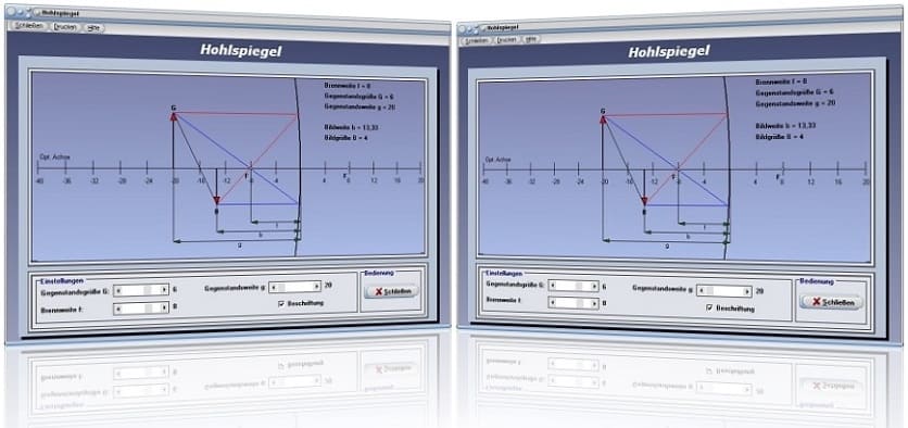 PhysProf - Hohlspiegel - Lichtbrechung - Brennweite - Gegenstandsweite - Gegenstandsgröße - Brennpunktstrahl - Parallelstrahl - Bildweite - Bildgröße - Brennpunkt - Berechnen - Physik - Physikalisch - Simulation - Strahlengang - Abbildung - Darstellen - Rechner - Grafik