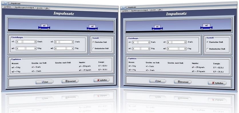 PhysProf - Impulserhaltungssatz - Stoß zweier Kugeln - Erhaltungssatz - Bewegungsenergie - Energieerhaltungssatz - Berechnen - Berechnung - Rechner - Elastischer Stoß - Unelastischer Stoß - Simulation - Animation - Darstellen - Grafisch