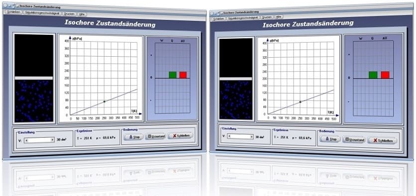 PhysProf - Isochore Zustandsänderung - 1. - 2. - 3. - Hauptsatz - Hauptsätze - Thermodynamik - Wärmelehre - Volumen - Wärmeenergie - Gasmasse - Isochorer Prozess - pT-Diagramm - Zustandsänderung - Zustandsänderung von Gasen - Innere Energie - Spezifische Wärmekapazität - Rechner - Berechnen - Grafik