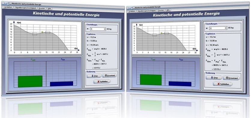 PhysProf - Kinetische Energie - Potentielle Energie - Rechner - Berechnen - Diagramm - Höhe - Masse - Geschwindigkeit - Energie - Energieerhaltungssatz - Bewegungsenergie - Energieformen - Energieerhaltung - Lageenergie - Beschleunigungsarbeit - Diagramm - Höhe - Joule - Arbeit - Masse - mgh - Maßeinheit - Translation - Gewichtskraft - Energieformen - Höhe - Animation - Mechanische Energie berechnen - Darstellen - Plotten - Graph - Grafik - Plotter