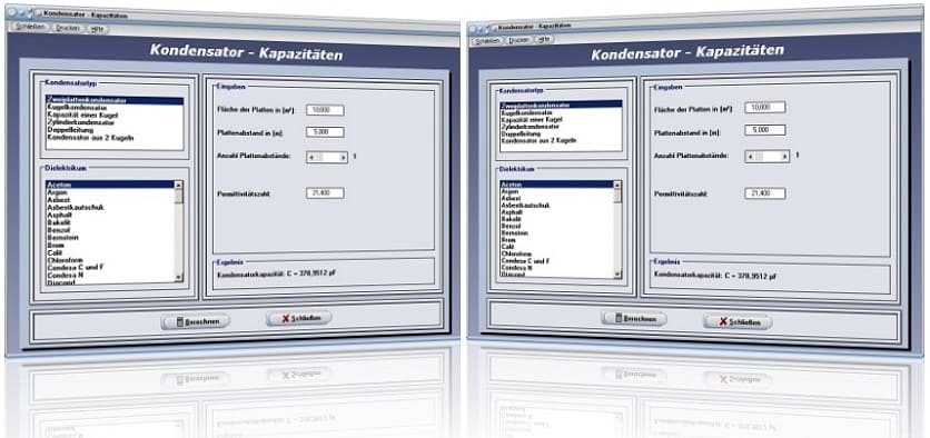 PhysProf - Kondensator - Kapazität - Fläche - Platten - Abstand - Anzahl - Dielektrikum - Kondensatoren - Elektrische Kapazität - Relative Permittivität - Dielektrizitätskonstante - Permittivitätszahl - Zweiplattenkondensator - Kugelkondensator - Zylinderkondensator - Kugel - Tabelle - Rechner - Doppelleitung - Plattenabstand