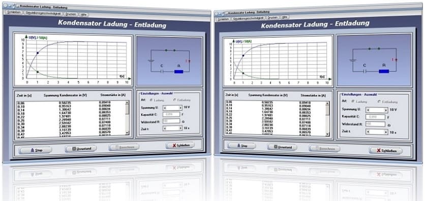 PhysProf - Kondensator - Ladung - Spannung - Kapazität - Widerstand - Zeit - Stromstärke - Ladespannung - Ladezeit - Entladezeit - Ladedauer - Elektrische Ladung - Rechner - Berechnen - Diagramm - Strom - Entladespannung - Kondensatorladung - Kondensatorentladung - Entladestrom - Ladestrom - Simulation - Animation - Tabelle