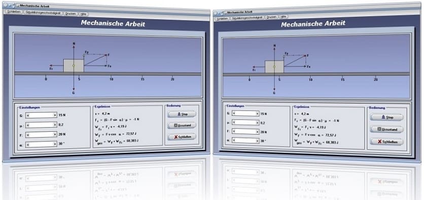 PhysProf - Mechanische Arbeit - Berechnen - Kraft - Weg - Energie - Arbeit - Gleichung - Rechner - Reibung - Gewichtskraft - Gravitationskraft - Reibungsarbeit - Mechanische Leistung - Formel - Leistung - Einheit - Mechanische Kraft - Verrichtete Arbeit - Goldene Regel der Mechanik - Animation - Darstellen - Grafisch