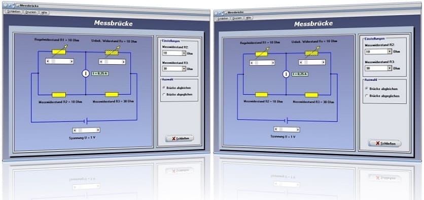 PhysProf - Messbrücke - Abgleichen - Berechnen - Wheatstone-Brücke - Wheatstonesche Brücke - Widerstandsmessbrücke - Widerstandsmessung - Messbrücke abgleichen - Abgleich - Regelwiderstand - Widerstand - Strom - Spannung - Schaltung - Gleichung - Brückenschaltung