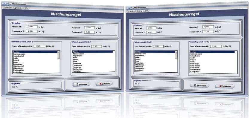 PhysProf - Mischungsregel - Masse - Temperatur - Wärmekapazität - Rechner - Berechnen - Mischungsrechner - Mittlere Temperatur - Mischtemperatur - Flüssigkeiten - Gase - Mischung - Wärmeaustausch - Masse - Richmannsche Mischungsregel