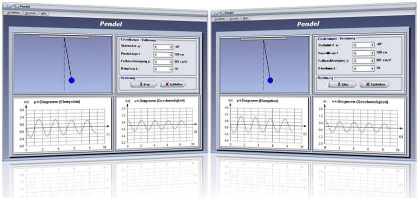 PhysProf - Pendel - Schwingung - Auslenkung - Berechnen - Gleichung - Physik - Diagramm - Mathematisches Pendel - Fadenpendel - Auslenkung eines Pendels - Frequenz - Amplitude - Geschwindigkeit - Gleichung - Dämpfung - Dämpfungskonstante - Darstellen - Rechner - Grafik