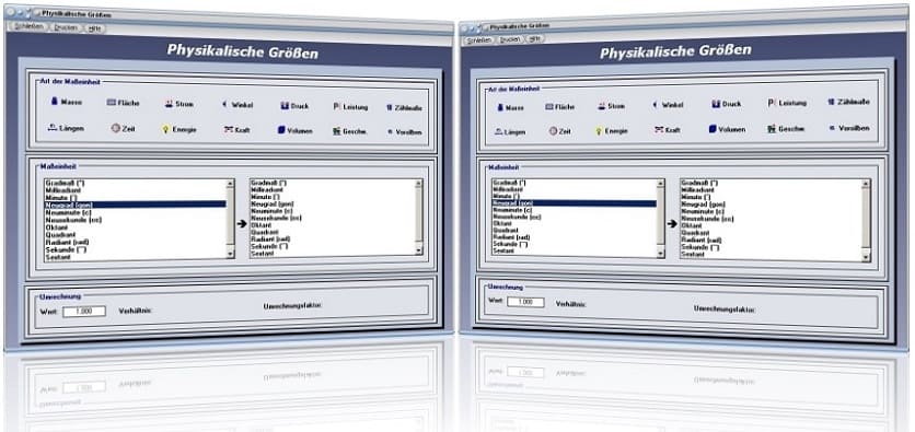 PhysProf - Physik - Größen - Einheiten - Tabelle - Rechner - Berechnen - Liste- Volumeneinheiten - Masseeinheiten - Flächeneinheiten - Winkeleinheiten - Druckeinheiten - Leistungseinheiten - Längeneinheiten - Zeiteinheiten - Energieeinheiten - Krafteinheiten