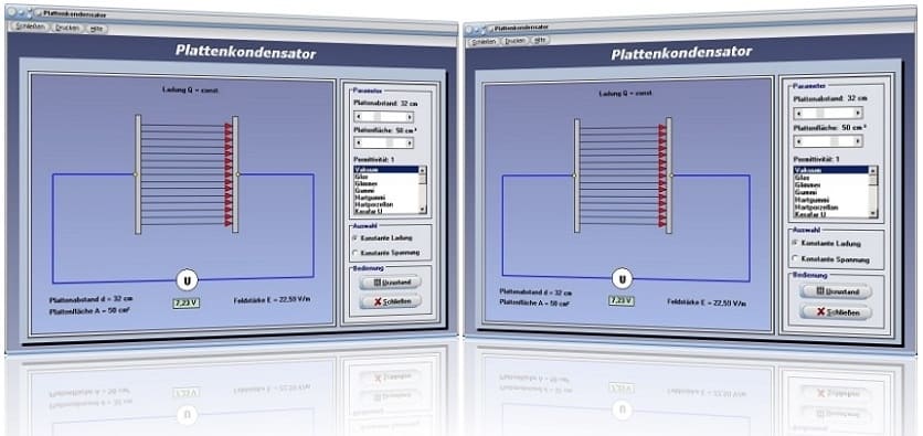 PhysProf - Plattenkondensator - Elektrisches Feld - Ladung - Feldstärke - Plattenabstand - Spannung - Ladung Q - Elektrische Ladung -  Permittivität - Potenzialdifferenz - Oberflächenladung - Platten - Konstante Spannung - Konstante Ladung - Rechner - Berechnen