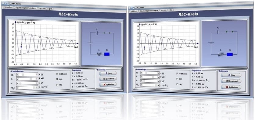 PhysProf - RLC-Kreis - Widerstand - Strom - Spannung - Frequenz - Zeit - Ladung - RLC-Schaltung - Wirkwiderstand - Kondensator - Kapazität - Induktivität - Spule - Reihenschwingkreis - Gedämpfter Schwingkreis - Elektromagnetischer Schwingkreis - Rechner - Berechnen - Formel