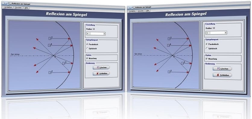 PhysProf - Reflexion - Spiegel - Spiegelreflexion - Parabolisch - Sphärisch - Spiegelreflexion - Sphärische Linse - Reflexion am Spiegel - Sphärische Reflexion - Parabolische Reflexion - Parabolspiegel - Spiegelbild