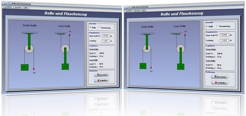 PhysProf - Lose Rolle - Feste Rolle - Weg - Gewichtskraft - Kraft - Last - Seil - Seile - Lastseil - Zugseil - Lastkraft - Flaschenzüge - Differentialflaschenzug - Gewichtskraft - Kraftweg - Lastweg - Rollen - Seilwinde - Zugkraft - Einfacher Flaschenzug - Idealer Flaschenzug - Rechner - Berechnen