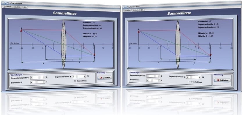 PhysProf - Sammellinse - Lichtbrechung - Gegenstandsweite - Gegenstandsgröße - Konvexe Linse - Optische Linsen - Konvexlinse - Bildweite - Bildgröße - Brennpunkt - Linsengleichung - Hauptstrahlen - Parallelstrahlen - Lupe - Konvex - Strahlen - Rechner - Berechnen