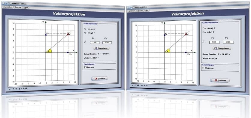 PhysProf - Vektorprojektion - Vektoren - Projektion - Resultierende - Winkel - Kraft - Kräfte - Darstellen - Plotten - Graph - Rechner - Berechnen - Grafik - Zeichnen - Plotter