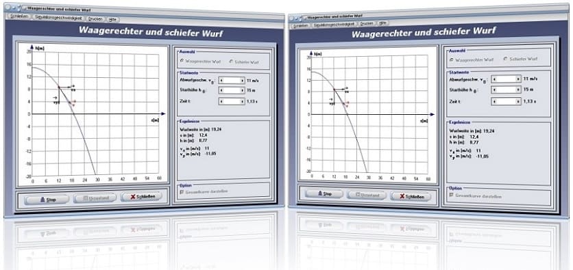 PhysProf - Waagrechter Wurf - Höhe - Zeit - Wurf - Geschwindigkeit - Winkel - Beispiel - Auftreffwinkel - Gleichung - Dynamik - Wurfparabel - Wurfweite - Wurfzeit - Wurfbewegungen - Horizontaler Wurf - Bahnkurve - Wurfbahn - Bahngeschwindigkeit berechnen - Wurf nach oben - Abwurfwinkel - Abwurfgeschwindigkeit - Steighöhe - Steigzeit - Fallzeit - Rechner - Berechnen - Diagramm - Darstellen - Tabelle - Simulation - Animation