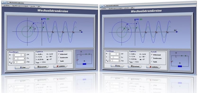  PhysProf - Wechselstromkreis - Elektrischer Stromkreis - Ohmscher Widerstand - Kondensator - Spule - Wechselstrom - Spannungsquelle - Wechselspannung - Phase - Phasenverschiebung - Phasendifferenz - Schwingungsdauer - Stromstärke - Spannung - Frequenz - Kreisfrequenz - Rechner - Berechnen