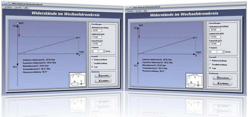 PhysProf - Reihenschaltung - Widerstand - Kapazität - Induktivität - Wirkwiderstand - Blindwiderstand - Induktiver Widerstand - Wechselstrom - Wechselstromkreis - Kondensator - Spule - Leiterwiderstand - Phasenverschiebung - Blindleitwert - Scheinleitwert - Rechner - Berechnen - Wechselstromwiderstände - Zeigerbild