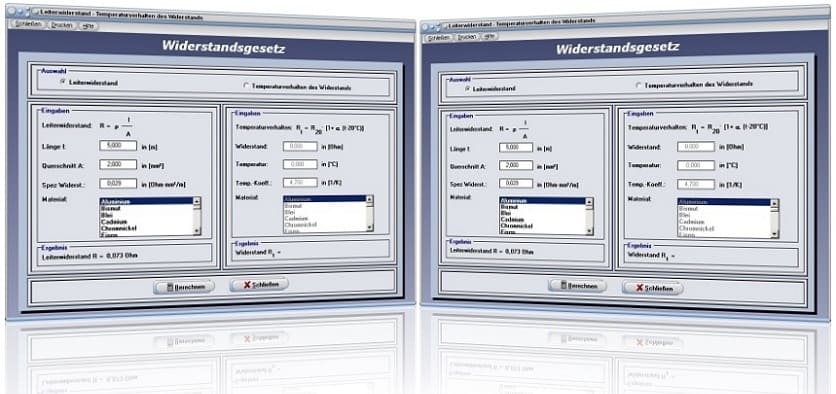 PhysProf -  Widerstandsgesetz - Widerstand - Leiter - Temperaturverhalten - Widerstandsänderung - Elektrische Leiter - Leitwert - Widerstände - Temperatur - Länge - Querschnitt - Material - Leiterwiderstand - Leitung - Leitungsquerschnitt - Leiterquerschnitt - Leiterlänge - Tabelle - Rechner - Berechnen - Einheit