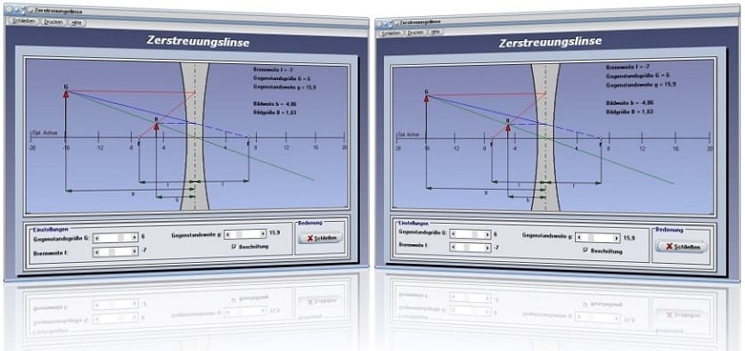 PhysProf - Zerstreuungslinse - Lichtbrechung - Brennweite - Gegenstandsweite - Gegenstandsgröße - Linse - Optik - Optische Linsen - Strahlen - Berechnen - Konkave Linse - Konkavlinse - Bildweite - Abbildung - Bildgröße - Brennpunkt - Abbildungsmaßstab - Bildhöhe - Fokus - Focal length - Bildpunkt - Rechner