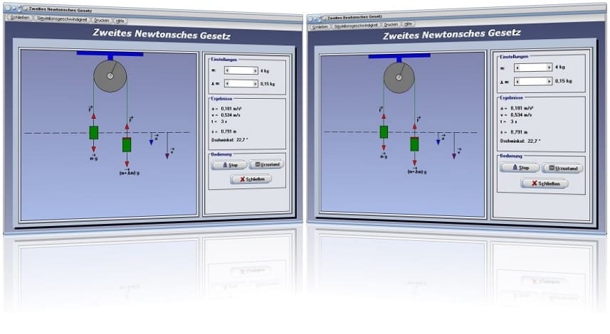 PhysProf - Axiome - Zweites Newtonsches Gesetz - Newtonsche Gesetze - Kraft - Masse - Geschwindigkeit - Zeit - Bewegung - Physik - 2. Newtonsches Gesetz - Newtonsche Axiome - 2. Newtonsches Axiom - Trägheitsprinzip - Kraftwirkungsprinzip - Rechner - Berechnen