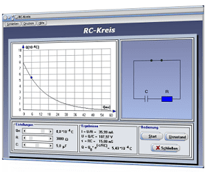 PhysProf - RC-Schaltung - Ohmscher Widerstand - Kondensator - Kapazität - Spannung - Strom - Widerstand - Ladung - Gleichspannung - Stromstärke - Zeitkonstante - Zeit - Rechner - Berechnen - Simulation - Kennlinie