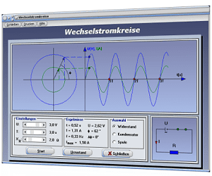 PhysProf - Wechselstromkreis - Elektrischer Stromkreis - Ohmscher Widerstand - Kondensator - Spule - Wechselstrom - Spannungsquelle - Wechselspannung - Phase - Phasenverschiebung - Phasendifferenz - Schwingungsdauer - Stromstärke - Spannung - Frequenz - Kreisfrequenz - Wirkwiderstand - Induktiver Widerstand - Kapazitiver Widerstand - Rechner - Berechnung
