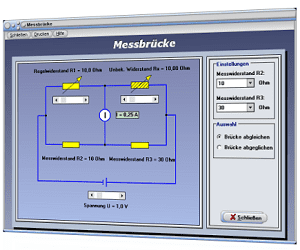 PhysProf - Wheatstone-Brücke - Wheatstonesche Brücke - Messbrücke - Widerstandsmessbrücke - Brückenschaltung - Widerstandsmessung - Messbrücke abgleichen - Messbrücke abgeglichen - Messbrücke berechnen - Brückenschaltung berechnen - Regelwiderstand - Abgleichen - Abgeglichene Brückenschaltung - Abgeglichene Messbrücke - Belastete Messbrücke - Belastete Brückenschaltung - Berechnen - Rechner