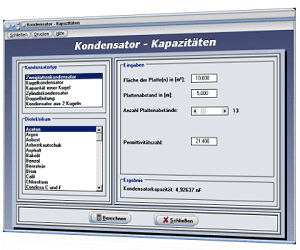 PhysProf - Kondensatoren - Kapazität - Elektrische Kapazität - Kondensatorarten - Relative Permittivität - Dielektrizitätskonstante - Permittivitätszahl - Zweiplattenkondesator - Kugelkondensator - Zylinderkondensator - Kugel - Tabelle - Rechner