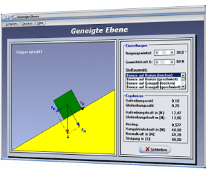 PhysProf - Geneigte Ebene - Schiefe Ebene - Schräge Ebene - Geneigte Ebene mit Reibung - Schiefe Ebene mit Reibung - Hangabtriebskraft - Normalkraft - Reibung - Berechnen - Winkel - Steigung - Neigung - Rechner - Graph