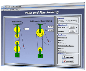 PhysProf - Flaschenzug - Flaschenzüge - Differentialflaschenzug - Gewichtskraft - Kraftweg - Lastweg - Rollen - Seilwinde - Zugkraft - Einfacher Flaschenzug - Idealer Flaschenzug - Feste Rolle - Lose Rolle - Kraft - Last  - 2 Rollen - 4 Rollen - Berechnen - Rechner