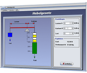 PhysProf - Hebel - Hebelgesetz - Kraftarm - Lastarm - Drehmoment - Arm - Last - Kraft - Moment - Animation - Experiment - Gleichung - Gleichgewicht - Gewichtskraft - Gewicht - Hebelkräfte - Hebelarm - Berechnen - Rechner