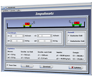 PhysProf - Impulssatz - Elastischer Stoß - Unelastischer Stoß - Zentraler Stoß - Zentraler elastischer Stoß - Plastischer Stoß - Zentraler unelastischer Stoß - Impulserhaltungssatz - Stoß zweier Kugeln - Bewegungsenergie - Energieerhaltungssatz - Berechnen - Impulserhaltung - Kraftstoß - Stoßvorgänge - Stoßgesetze - Impuls - Rechner