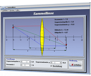 PhysProf - Sammellinse - Gegenstandsweite - Berechnen - Konvexe Linse - Strahlenoptik - Geometrische Optik - Optische Linsen - Optische Abbildung - Abbildungsgesetz - Optische Achse - Konvexlinse - Bildweite - Bildgröße - Brennweite - Brechwert - Brennpunkt - Rechner - Berechnen
