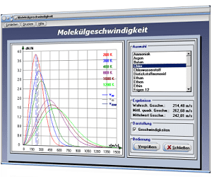 PhysProf - Molekülgeschwindigkeit - Moleküle - Geschwindigkeit - Gaskonstante - Boltzmann-Konstante - Mittlere quadratische Geschwindigkeit - Mittlere Geschwindigkeit von Gas - Berechnen - Einheit - Physikalische Einheit - Grafik - Berechnung - Darstellen - Rechner