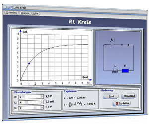 PhysProf - RL-Schaltung - Widerstand - Spule - Induktivität - Ladung - Gleichstrom - Gleichspannung - Stromstärke - Zeitkonstante - Spannung - Zeit - Rechner - Kennlinie - Beispiel - Berechnen - Simulation - Berechnung - Darstellen - Formel - Animation